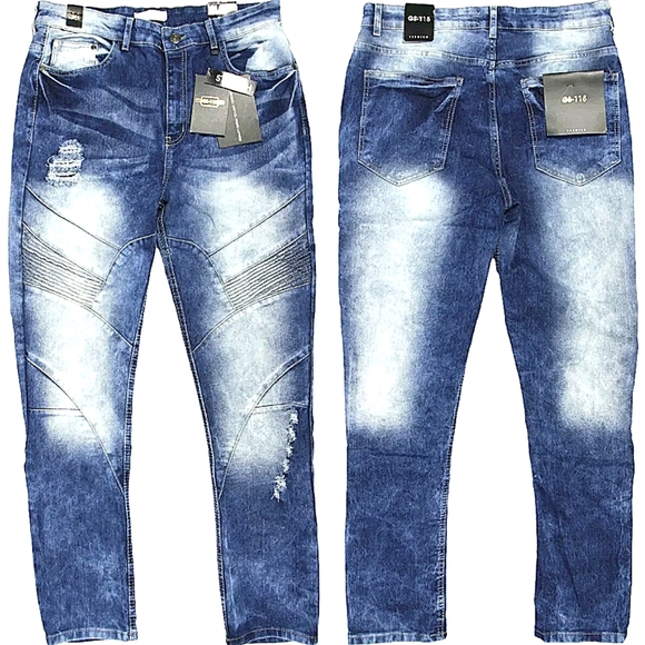 GS-115 Distressed Light Acid Wash Slim Fit Jeans - Picture 1 of 9